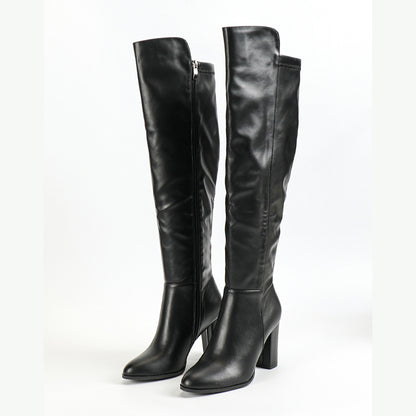 Women's Side Zipper Design Pointed Toe Chunky Heel Long Boots Black GlamzKart
