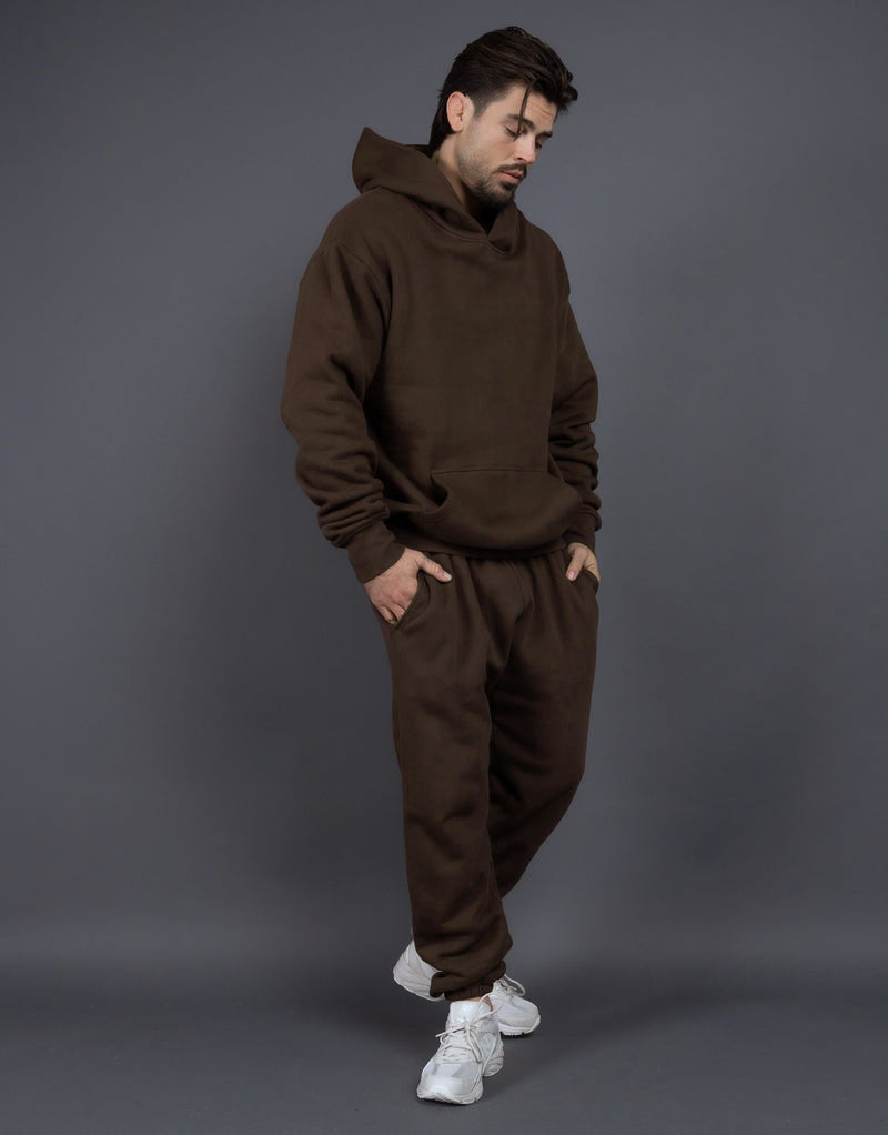 Men's Casual Loose Solid Color Hooded Sweatshirt Pants Brown GlamzKart