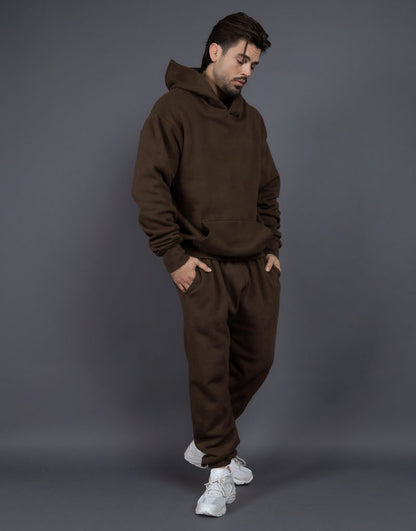 Men's Casual Loose Solid Color Hooded Sweatshirt Pants Brown GlamzKart