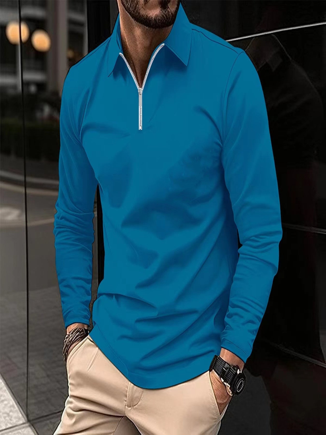 Zipper Men's Solid Color Long Sleeve Sports Polo Shirt Sapphire Blue GlamzKart
