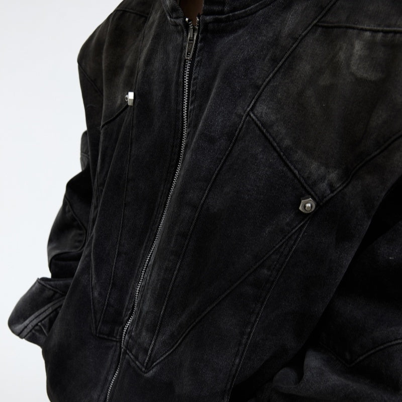 Distressed Padded Shoulder Hooded Denim Jacket Suit Metal Embellished Jeans GlamzKart
