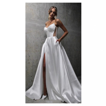 White Satin Slit Pocket Bandage Wedding Dress GlamzKart