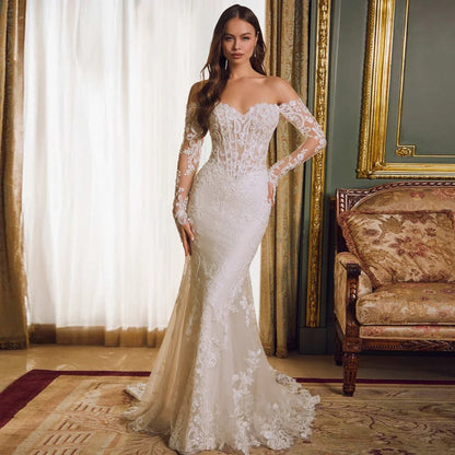 Off-shoulder Lace Long Sleeve Fishtail Gown GlamzKart