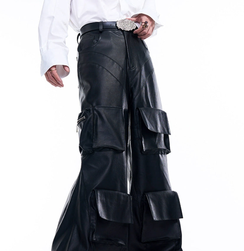 Autumn Three-dimensional Pocket Leather Pants Wide Leg GlamzKart