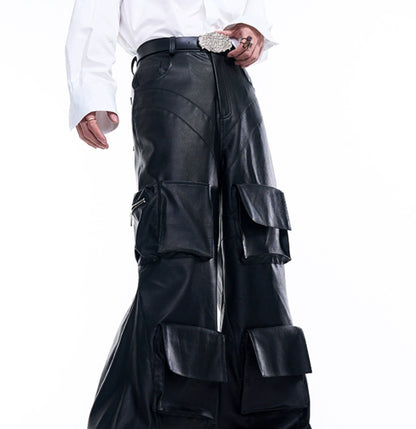Autumn Three-dimensional Pocket Leather Pants Wide Leg GlamzKart