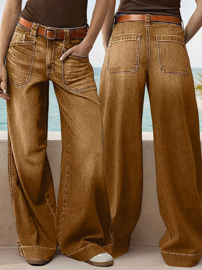 Loose Slimming Ladies Wide-leg Straight Pants Denim Ankle-length Pants Dark Brown GlamzKart
