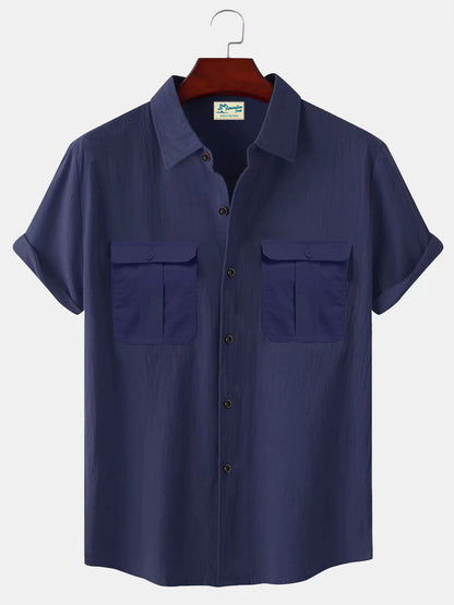 Solid Color Patchwork Linen Cardigan Short Sleeve Loose Lapels Men's Shirt Navy Blue GlamzKart