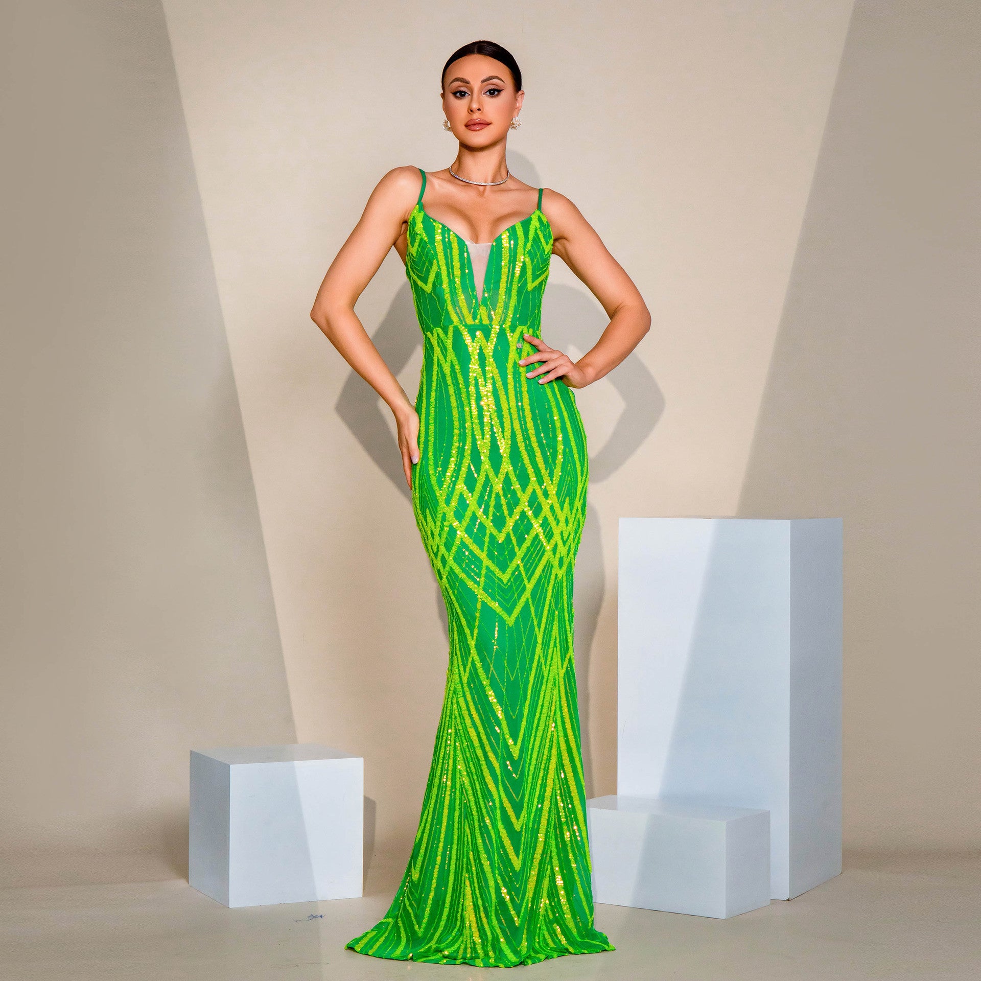 V-neck Strap Sequined Fishtail Evening Dress GlamzKart