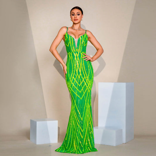 V-neck Strap Sequined Fishtail Evening Dress GlamzKart