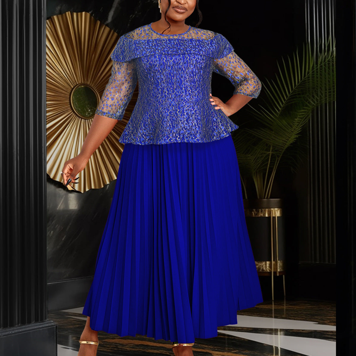 Women's Solid Color Versatile Lace Long Sleeved Pleated Skirt GlamzKart