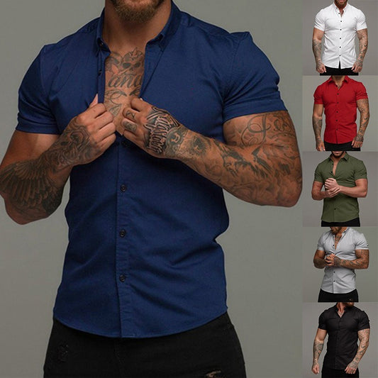 Short Sleeve Lapel Shirt Elastic Thin Solid Color GlamzKart