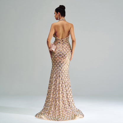 Halter Sequined Mermaid Evening Dress GlamzKart