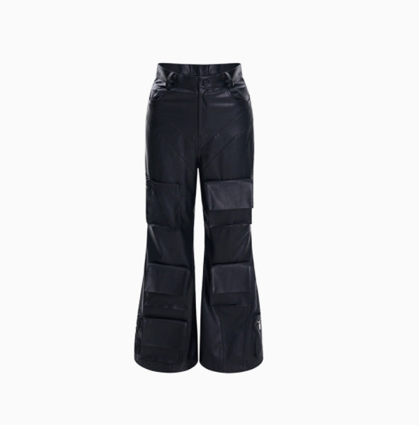 Autumn Three-dimensional Pocket Leather Pants Wide Leg GlamzKart