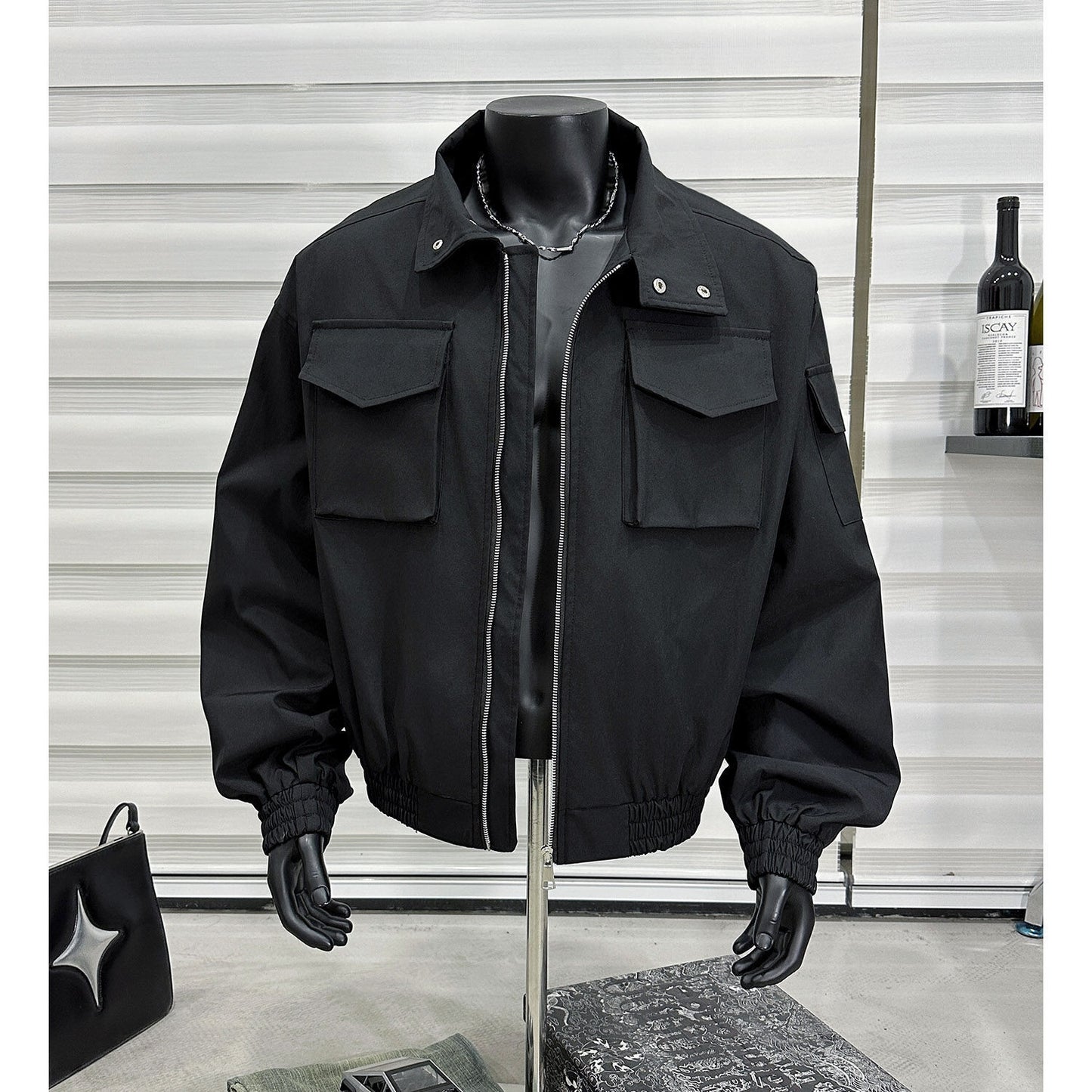 Men's Stand Collar Flight Jacket Short Coat Men's Clothing Tooling Zip-up Shirt Black GlamzKart