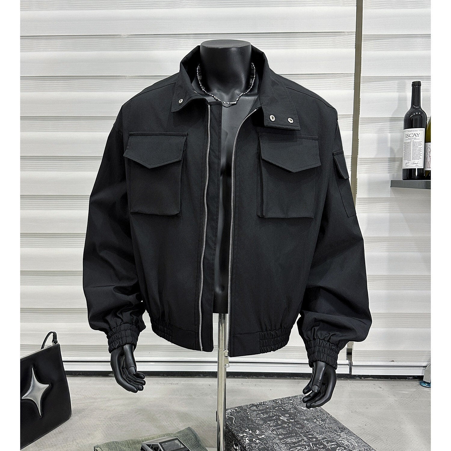 Men's Stand Collar Flight Jacket Short Coat Men's Clothing Tooling Zip-up Shirt Black GlamzKart