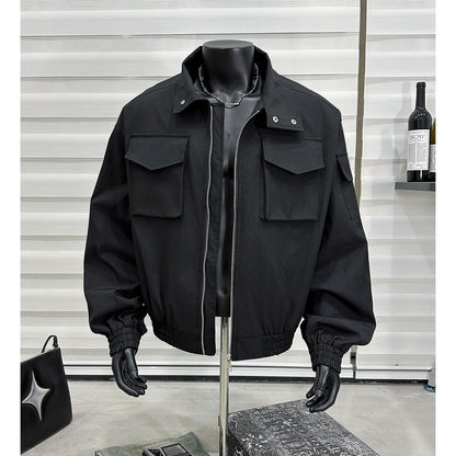 Men's Stand Collar Flight Jacket Short Coat Men's Clothing Tooling Zip-up Shirt Black GlamzKart