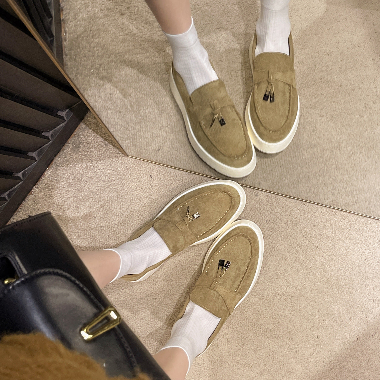 Rubber Platform Peas Oversized Shoes Dark Khaki Cloth Color GlamzKart