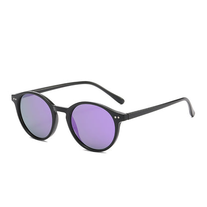 Round Polarized Full Rim Frame Sunglasses Black Frame Purple Reflective GlamzKart