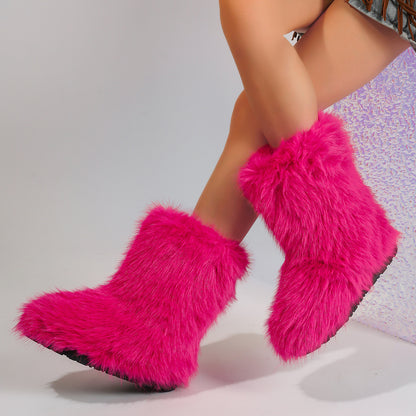 Snow Boots Middle Boots Furry Boots Rose Red GlamzKart