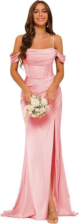 Off-the-shoulder Satin Bridesmaid Corset Ball Gown Pink GlamzKart