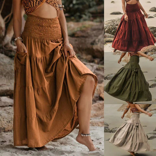 Casual Women Bohemian Loose Solid Skirt GlamzKart