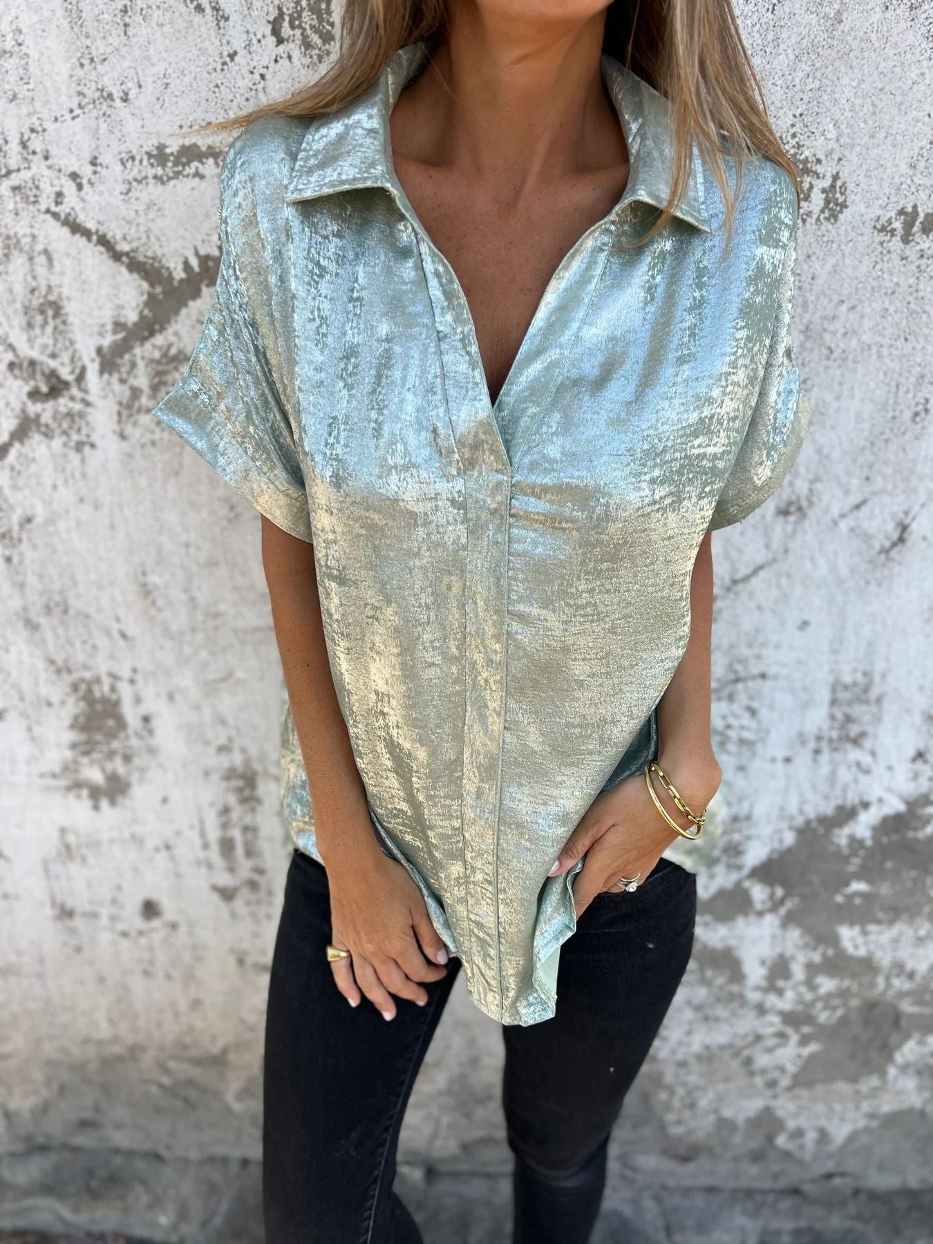 Women's Solid Color Casual Loose Bronzing Short-sleeved Lapel Shirt Light Green GlamzKart