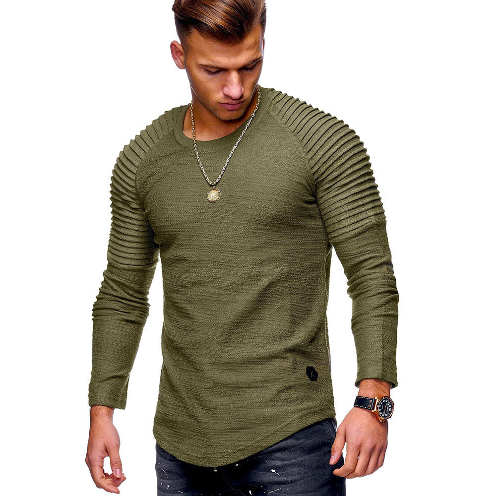Men's Solid Color Slim Fit Round Neck Long Sleeves T-shirt Personality Army Green GlamzKart