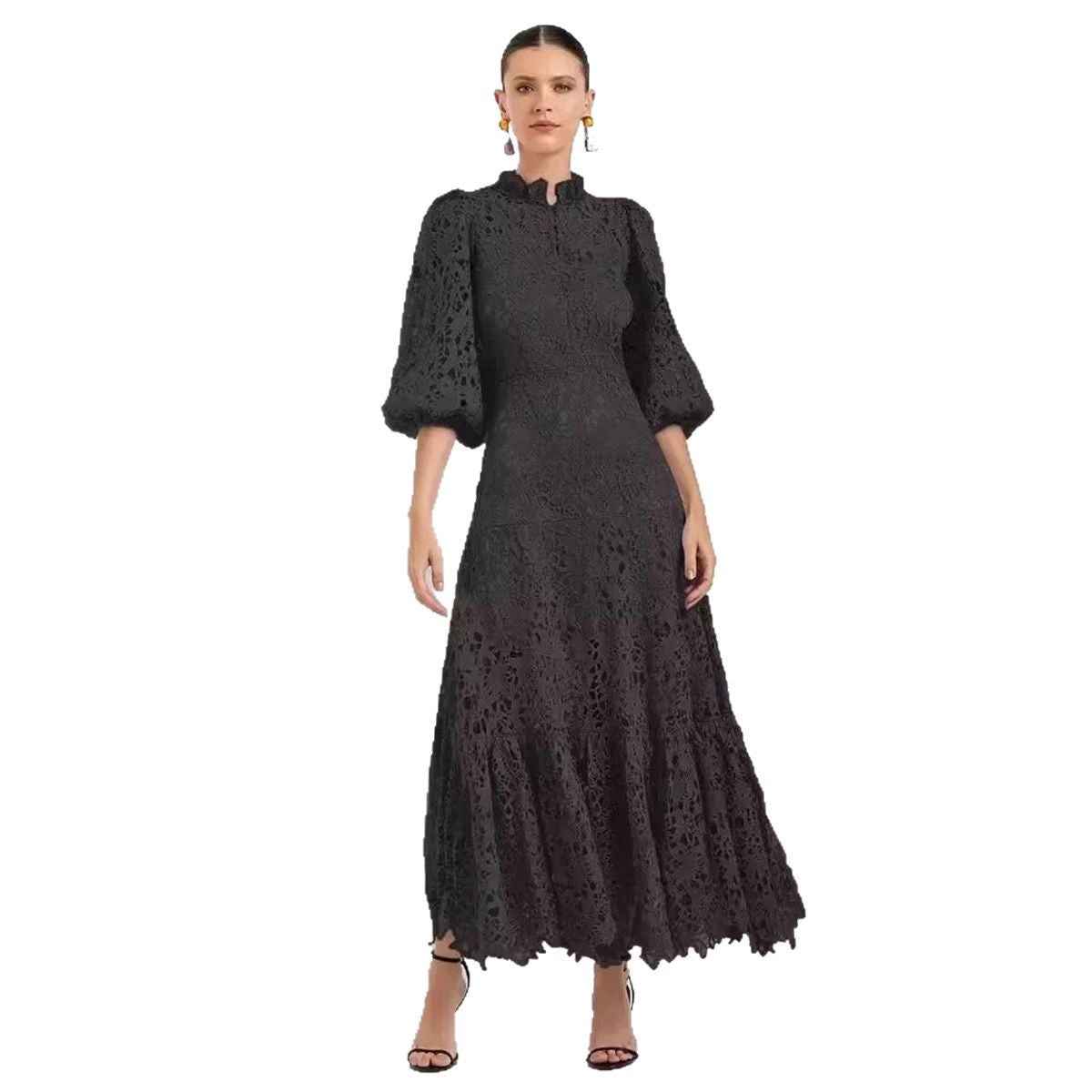 European American Dream Girl Elegant Graceful Solid Color Hollow Lace Long Dress