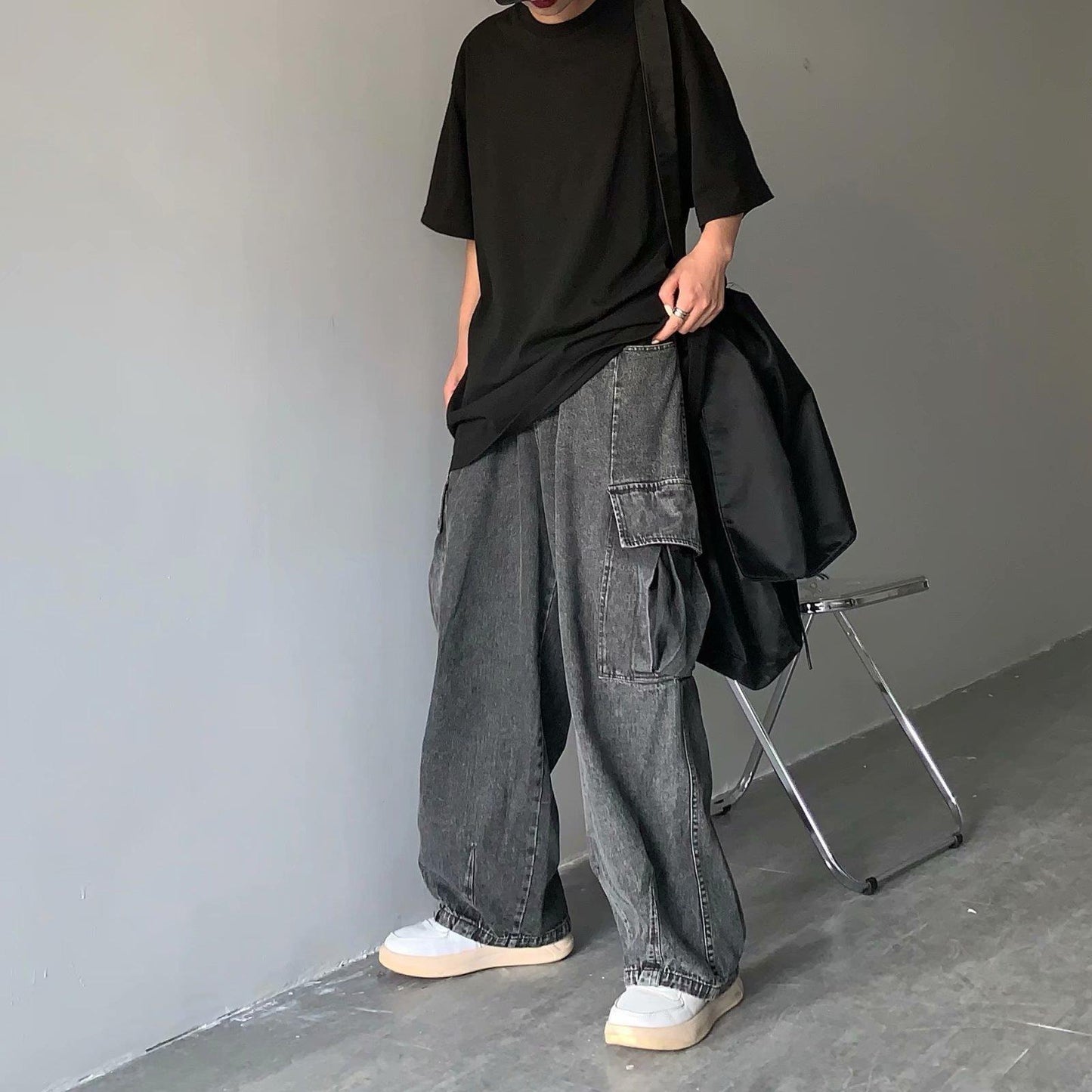 Street Retro Drape Large Loose Pockets Cargo Jeans Black And Gray GlamzKart