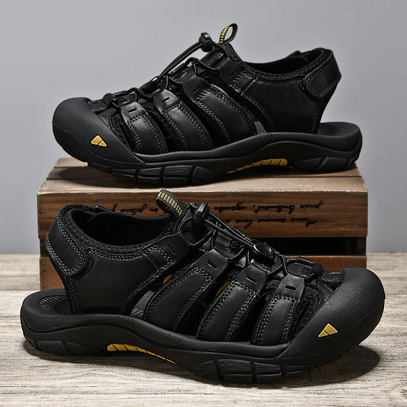 Top Layer Leather Plus Size Men's Beach Sandals Black GlamzKart