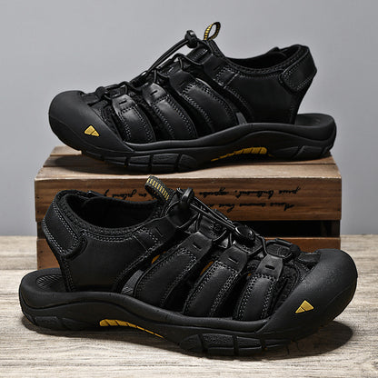 Top Layer Leather Plus Size Men's Beach Sandals Black GlamzKart