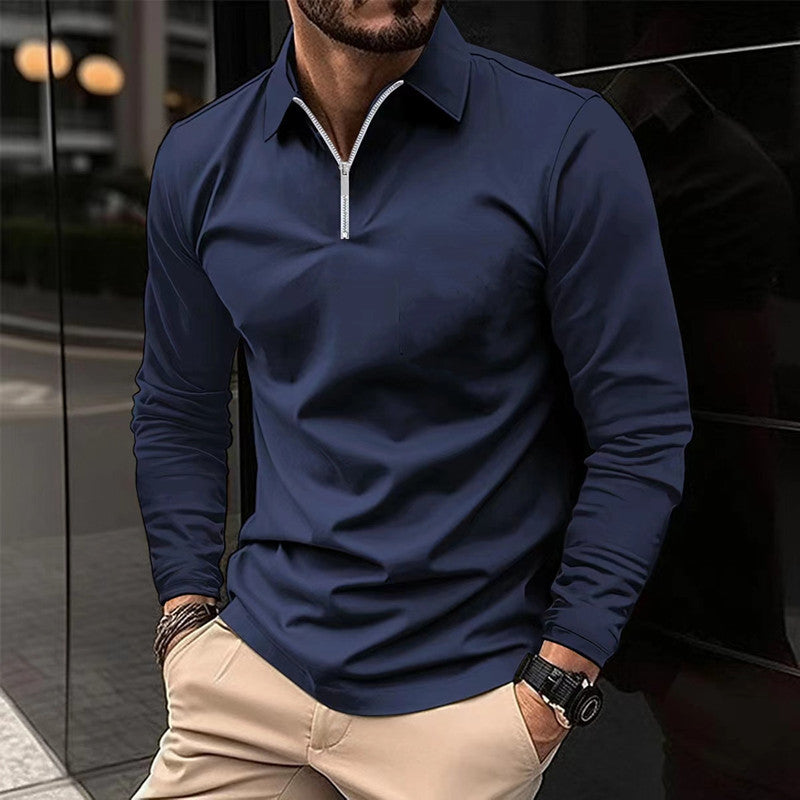 Zipper Men's Solid Color Long Sleeve Sports Polo Shirt GlamzKart