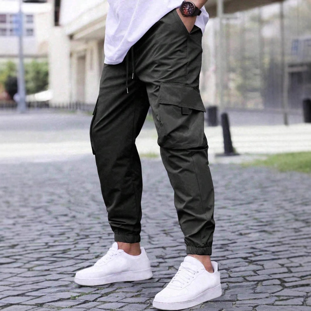 Workwear Casual Pants Drawstring Elastic Waist Track Pants Black GlamzKart