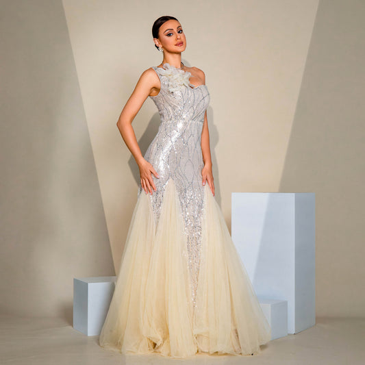One-shoulder Diagonal Collar Slim-fit Sheath Sequined Slit Evening Dress GlamzKart