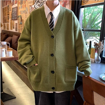 Cardigan Japanese Lazy Style Loose-fitting Versatile Sweater Coat Green GlamzKart