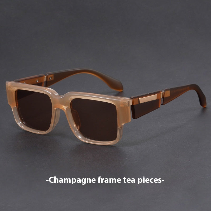 Gray Blue Square Thick Frame Sunglasses UV-proof Retro Simple Sun Glasses Champagne Box Dried GlamzKart