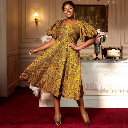 Puff Sleeve Jacquard Square Collar A Swing Long Cocktail Party Dress GlamzKart