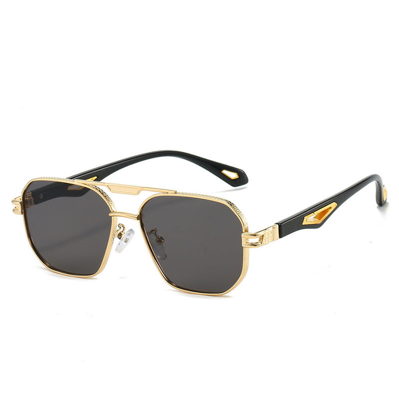Men's Fashion Double Beam Box Hollow Sunglasses Gold Frame Black And Gray GlamzKart