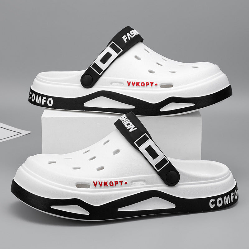 Sandals Summer Breathable Closed Toe Men's Slippers Dual-use Beach Shoes White And Black GlamzKart