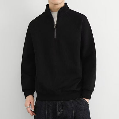 Half Zipped Stand Collar Men's Vintage Fleece-lined Thickened Casual Sweatshirt Black GlamzKart