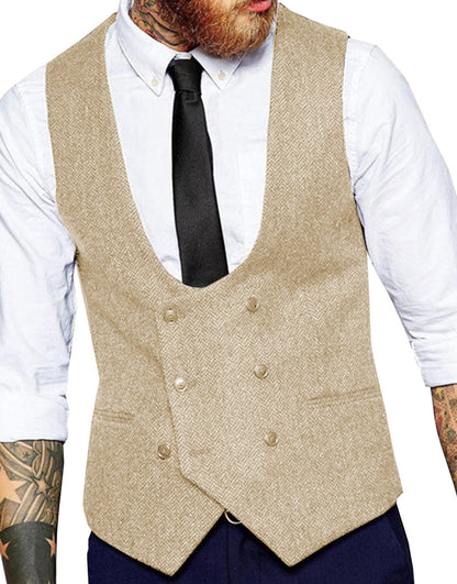 Retro Casual Herringbone Pattern Men's Suit Vest Groom Groomsman Slim Fit Vest Champagne GlamzKart