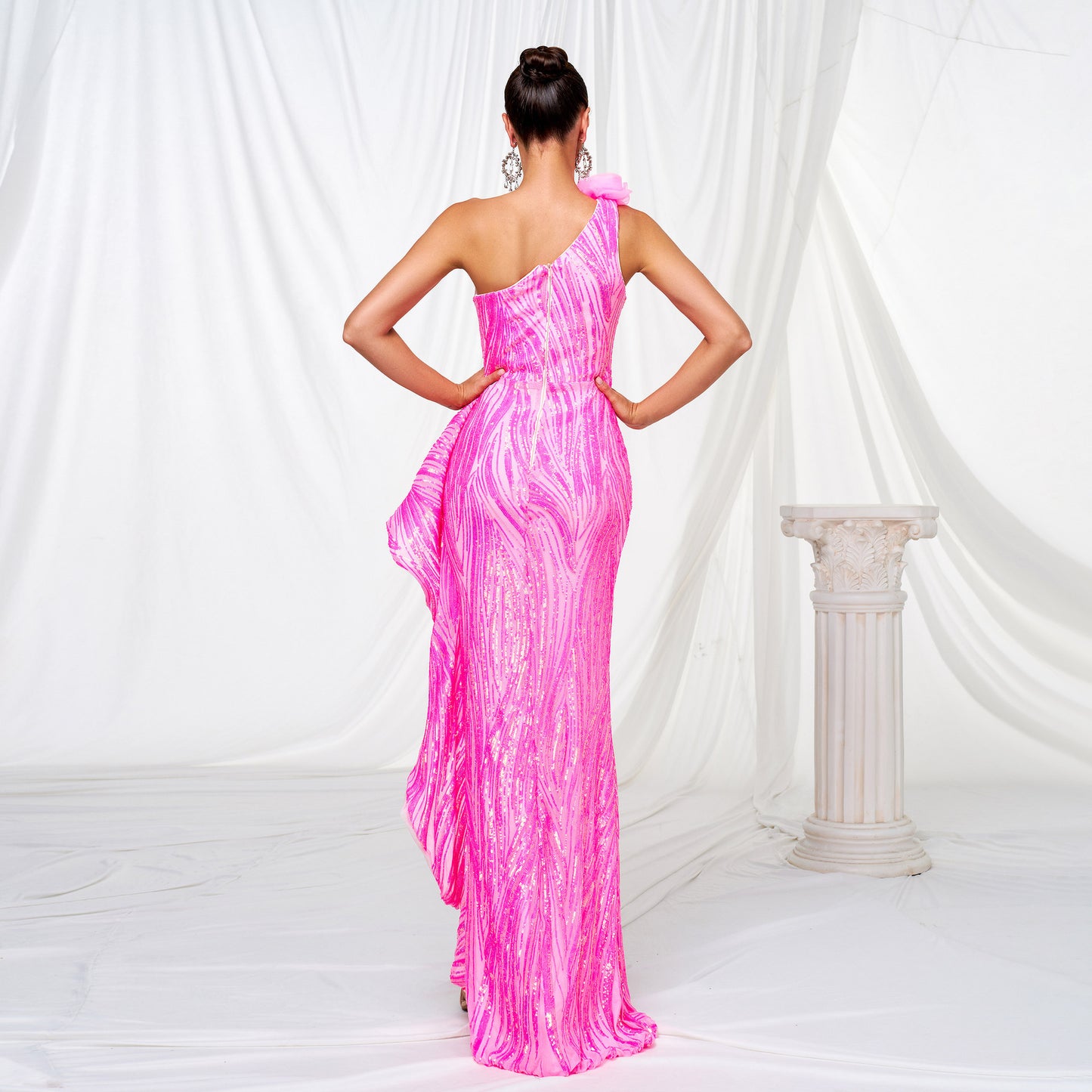One-shoulder Diagonal Collar Sequined Slit Evening Dress GlamzKart
