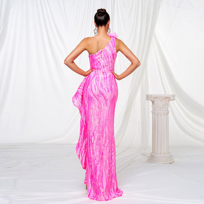 One-shoulder Diagonal Collar Sequined Slit Evening Dress GlamzKart