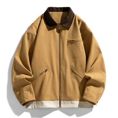 Contrast Color Washed Polo Collar Jacket Men Deep Khaki GlamzKart